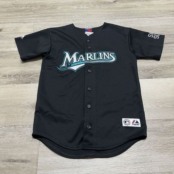 Vintage Majestic MLB Florida Marlins Button Front Jersey Youth Medium Black #22 - Picture 1 of 10